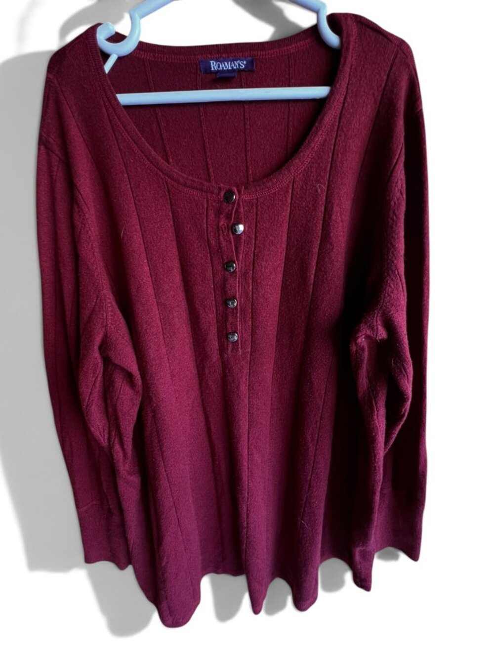 Roaman's Burgundy Red Henley Long Sleeve Sweater Top 1X 22/24